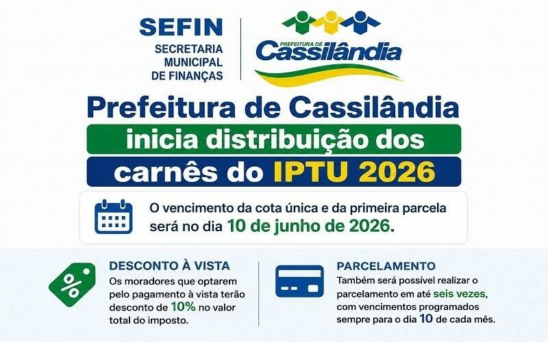 Imagem de compartilhamento para o artigo Cassilândia inicia entrega dos carnês do IPTU 2026 com desconto para pagamento à vista da MS Todo dia